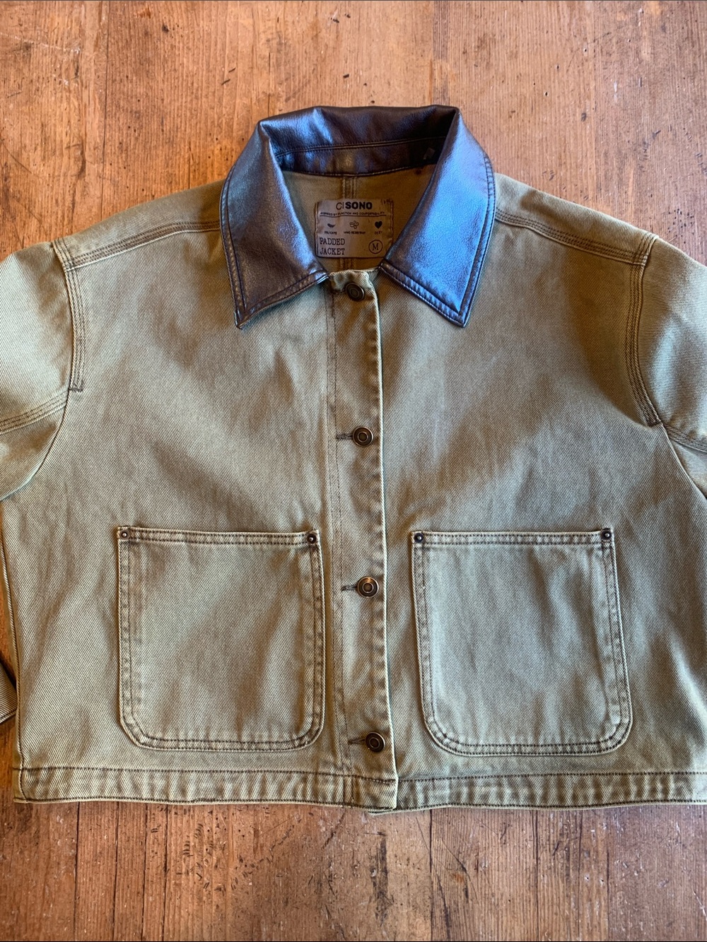 Ci Sono Olive Canvas Jacket with Dark Brown Faux Leather Collar